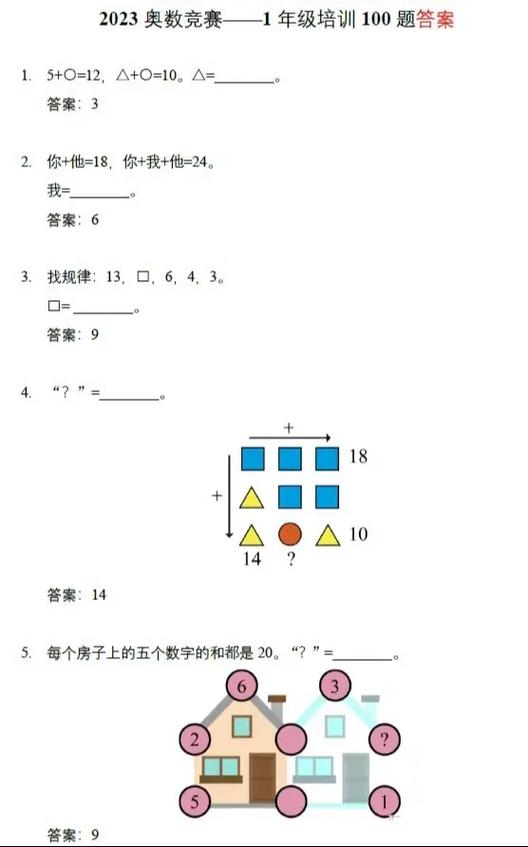 一年级奥数必考50道题缩略图